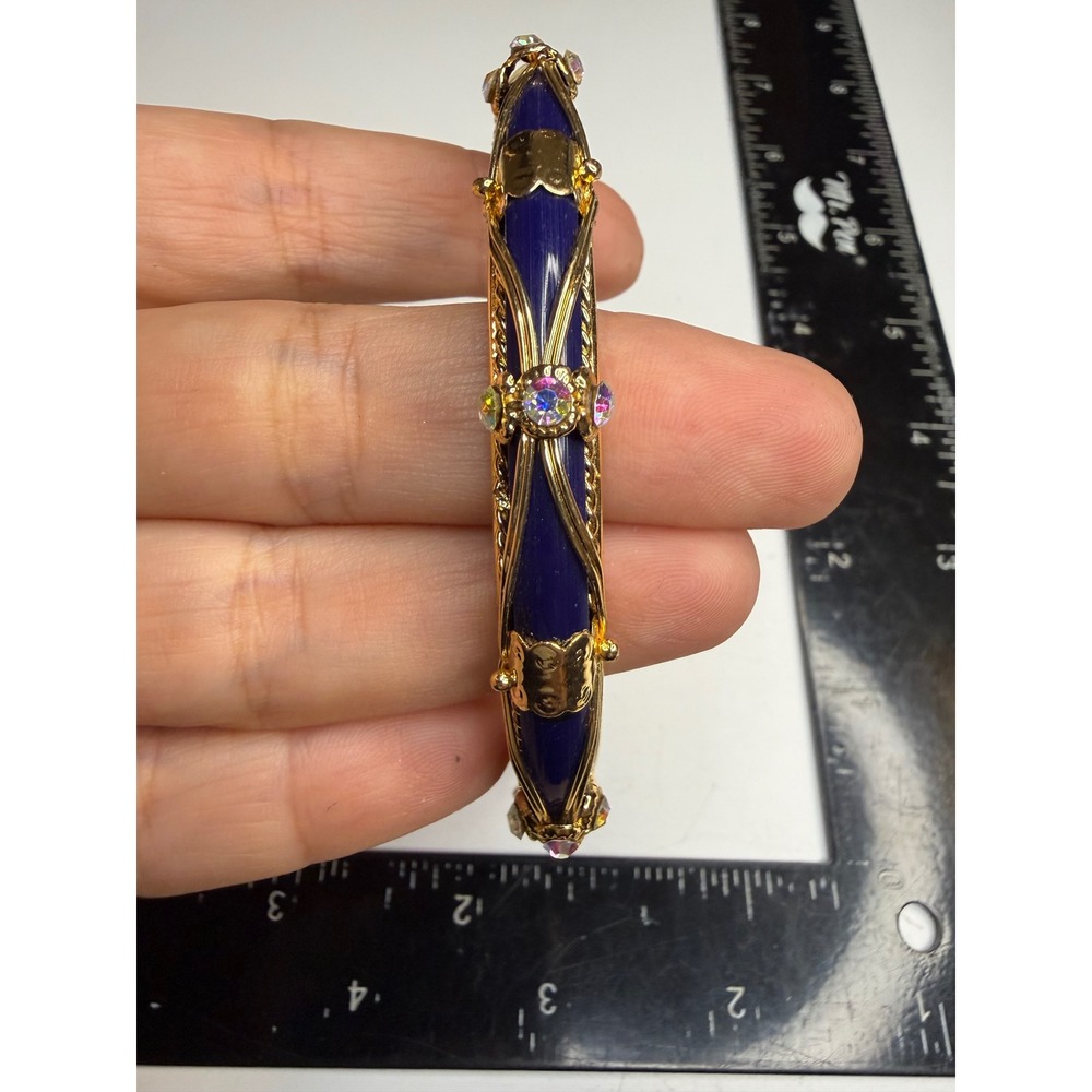 Gold Tone Purple Enamel Aurora Borealis Rhinestone Filigree Bangle Bracelet